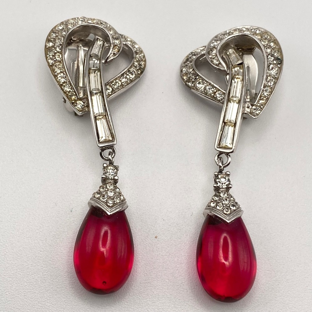 Boucher Clip On Earrings Vintage Silver Tone Rhinestone Heart Red Teardrop OS